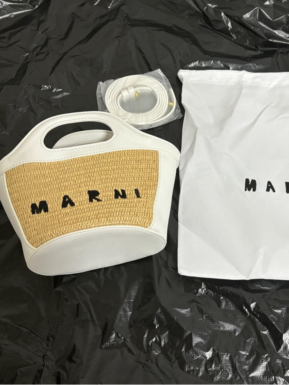 Marni White Leather and Natural Straw Mini Tote with Black Logo